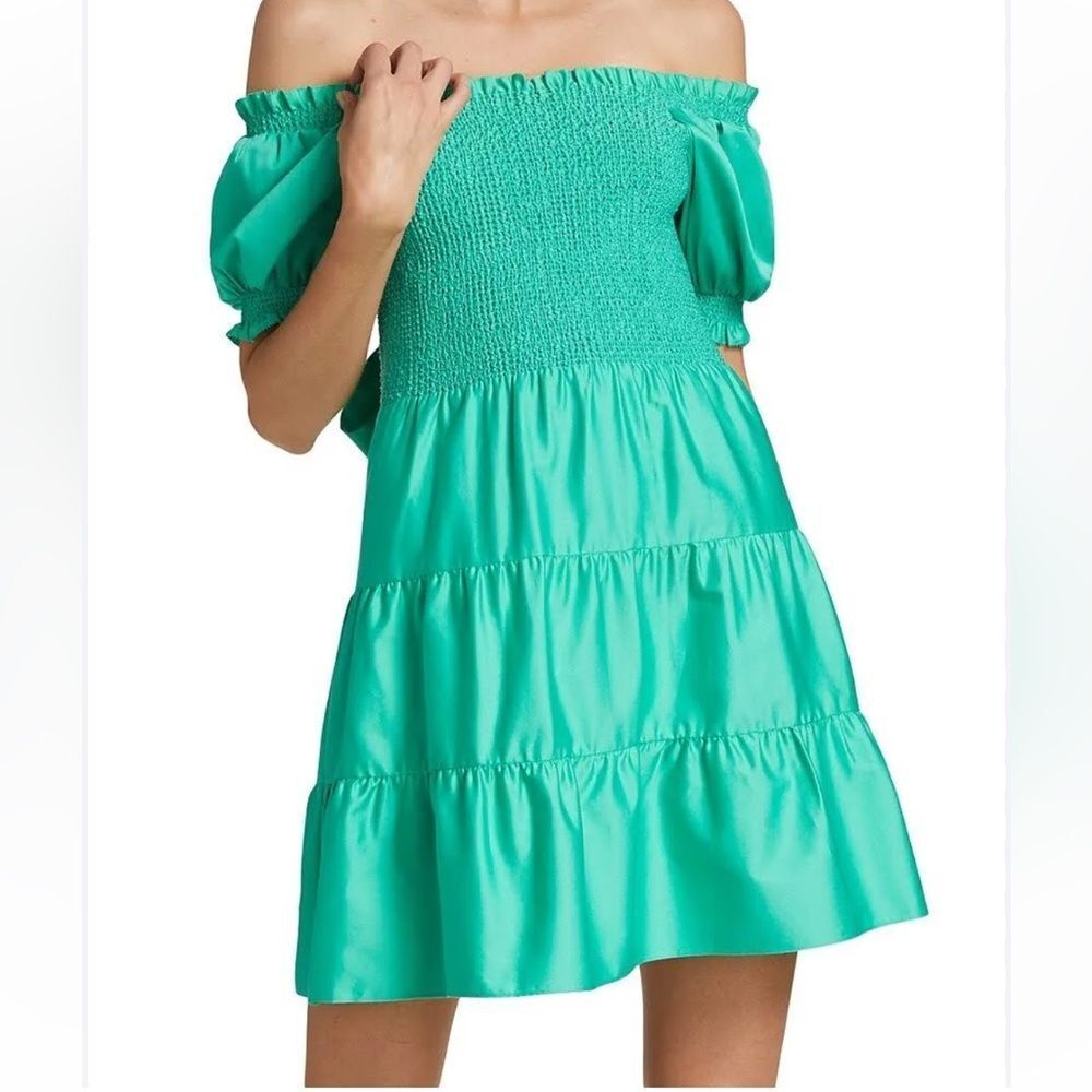 Alice & Olivia Smocked Puff Sleeves Stunning Green Dress Size Small